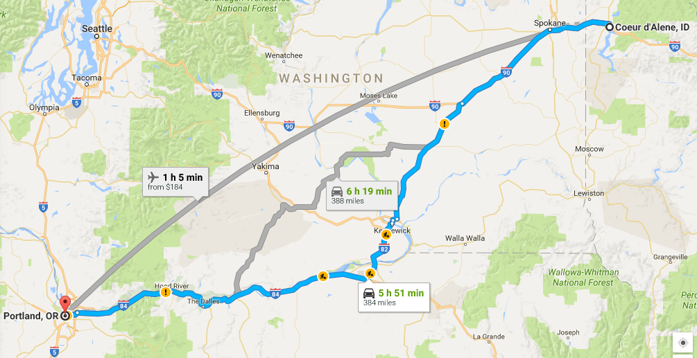 Google Maps: Idaho to Washington to Oregon