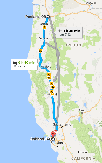 Google Maps: Portland, OR to Oakland, California
